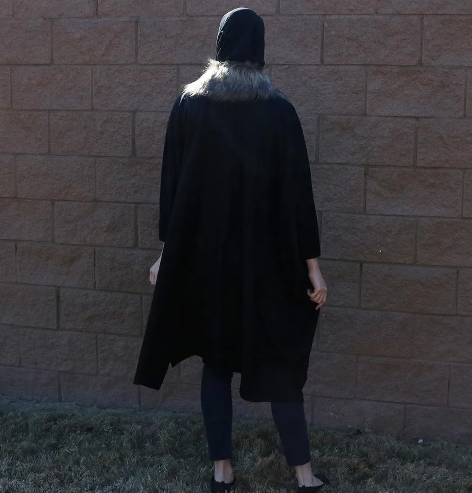 Puane Wool Touch Poncho Coat with Fur 3113 Black