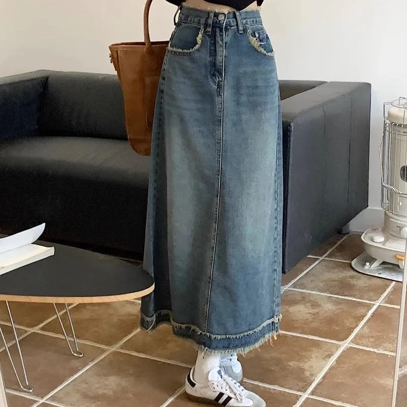 Street Style Blue Grey High-Waist Denim A-Line Bottom