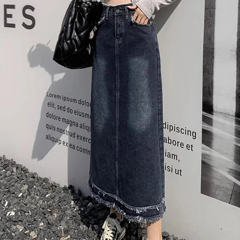 Street Style Blue Grey High-Waist Denim A-Line Bottom