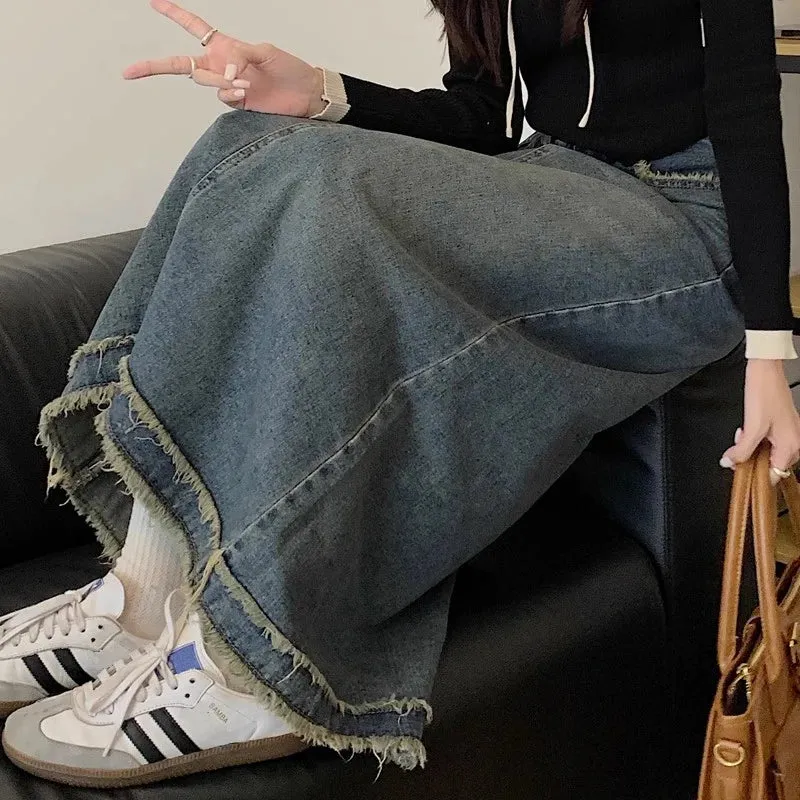 Street Style Blue Grey High-Waist Denim A-Line Bottom