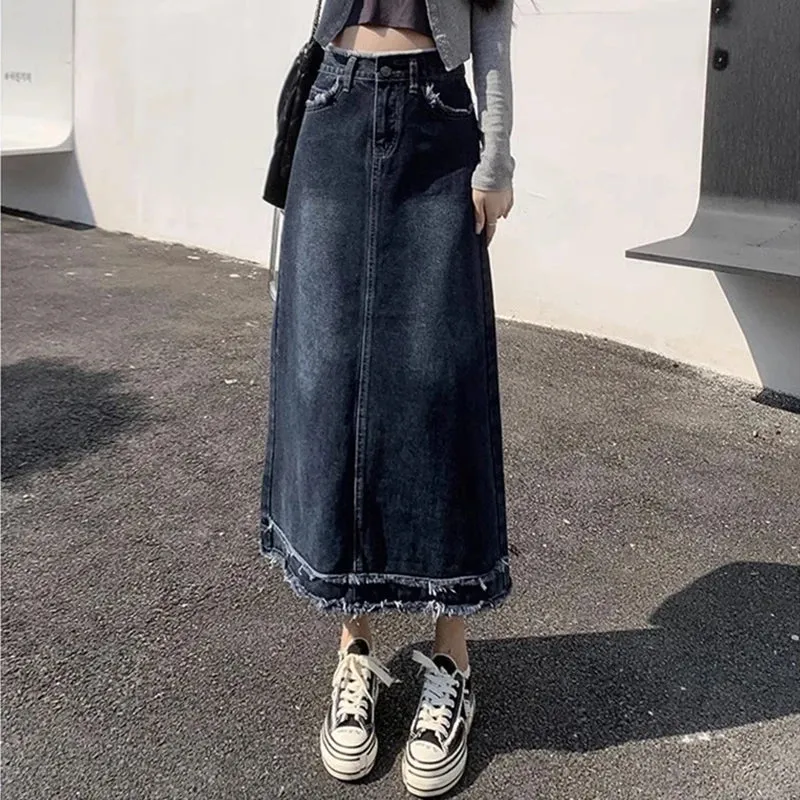 Street Style Blue Grey High-Waist Denim A-Line Bottom
