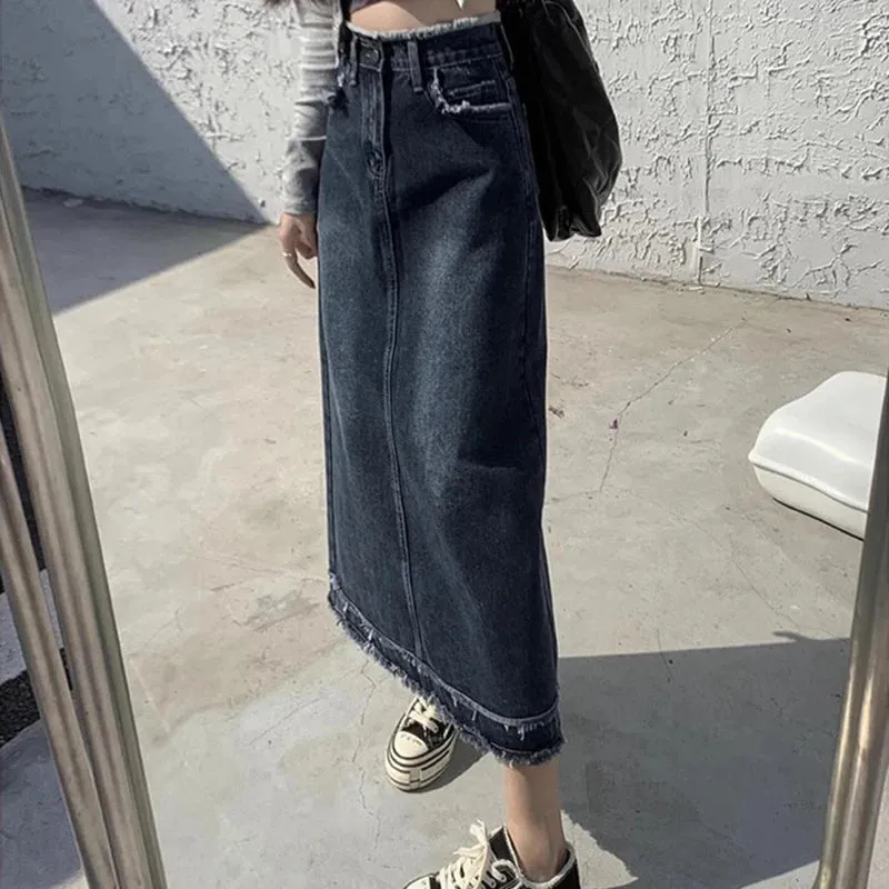 Street Style Blue Grey High-Waist Denim A-Line Bottom