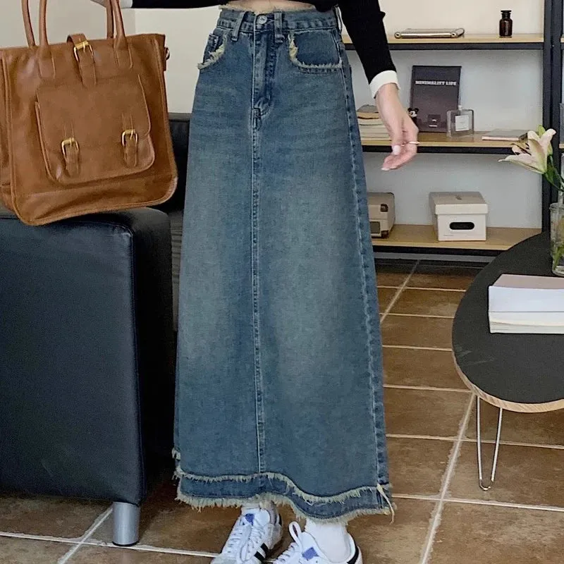 Street Style Blue Grey High-Waist Denim A-Line Bottom