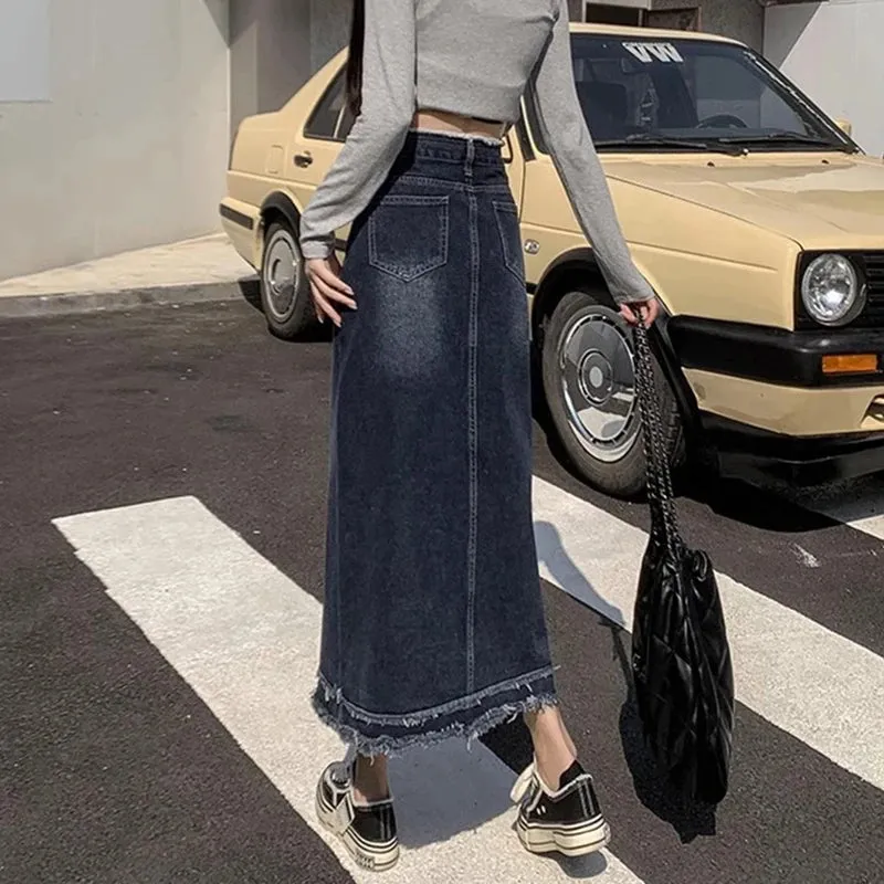 Street Style Blue Grey High-Waist Denim A-Line Bottom
