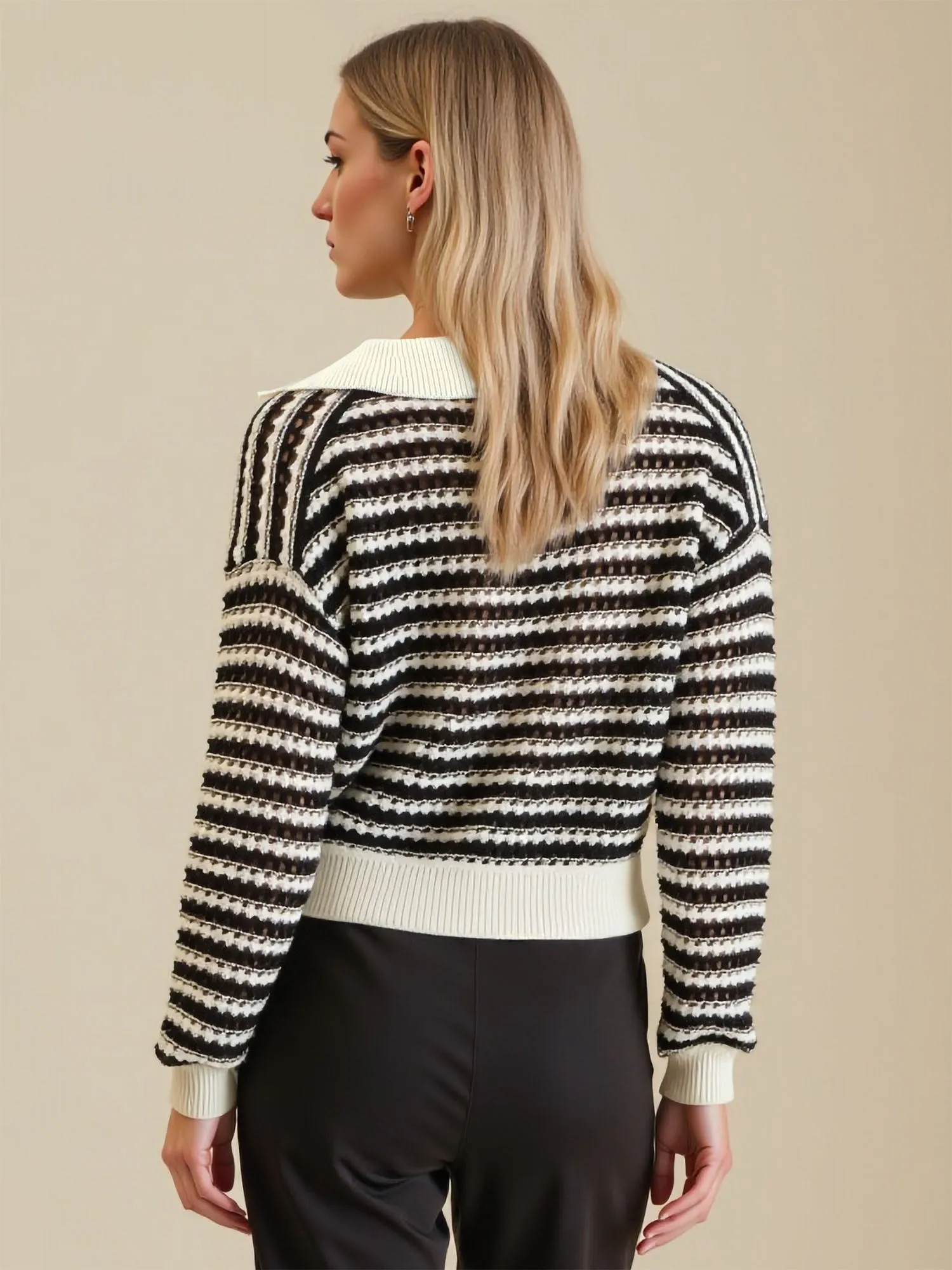Stripe Collared Long Sleeve Crochet Knit Sweater