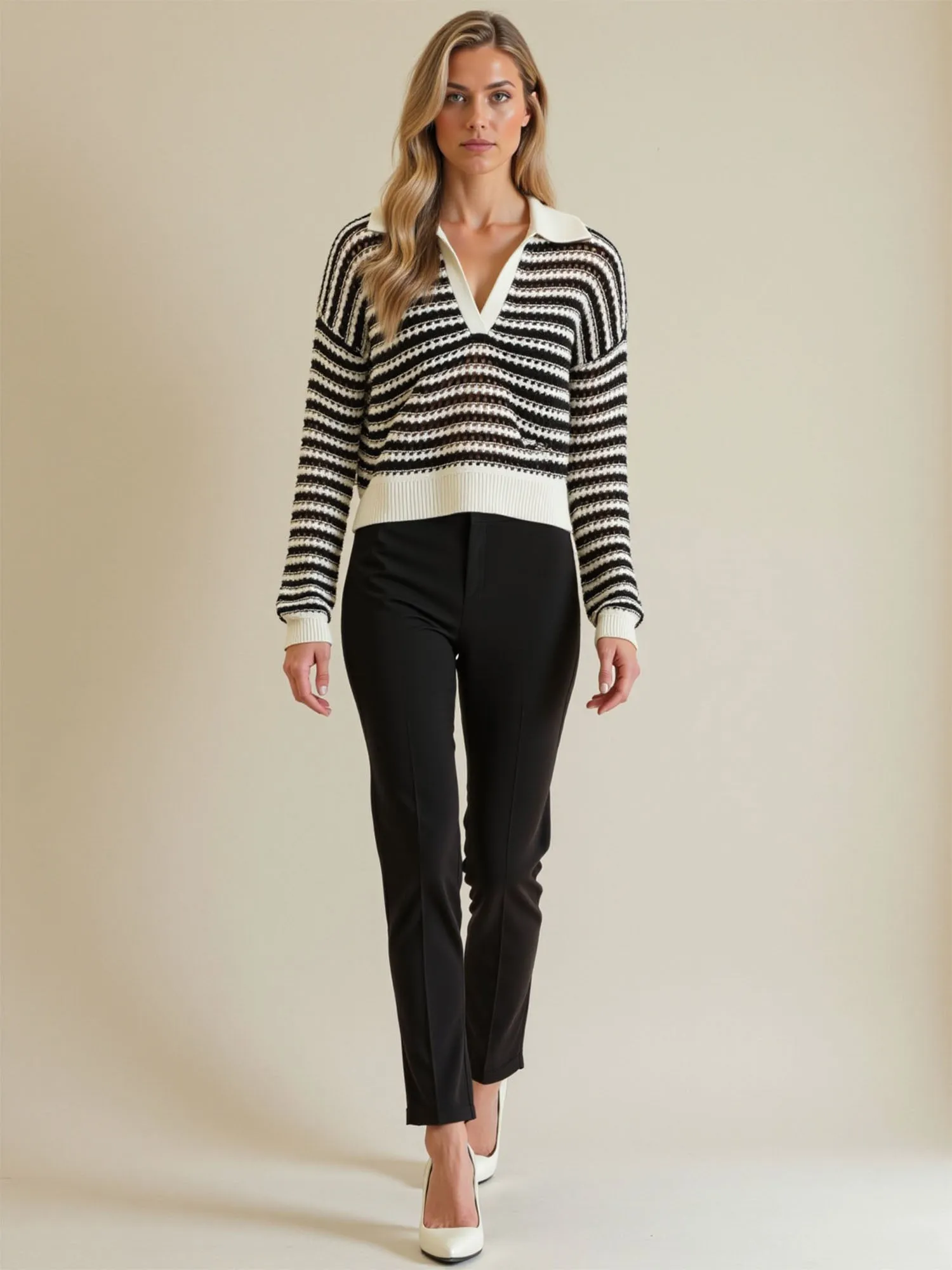Stripe Collared Long Sleeve Crochet Knit Sweater