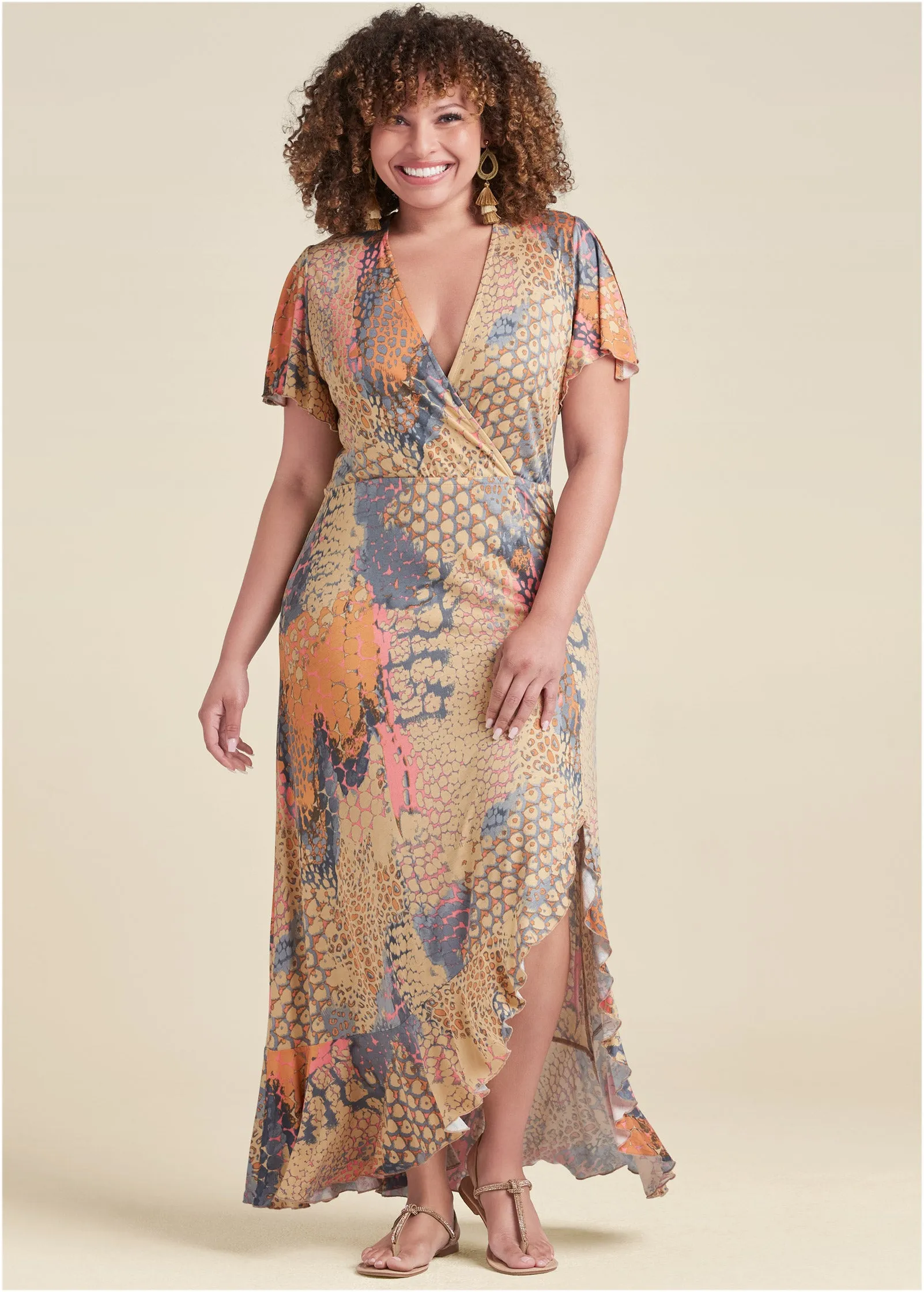 Surplice Maxi Dress  - Orange Multi