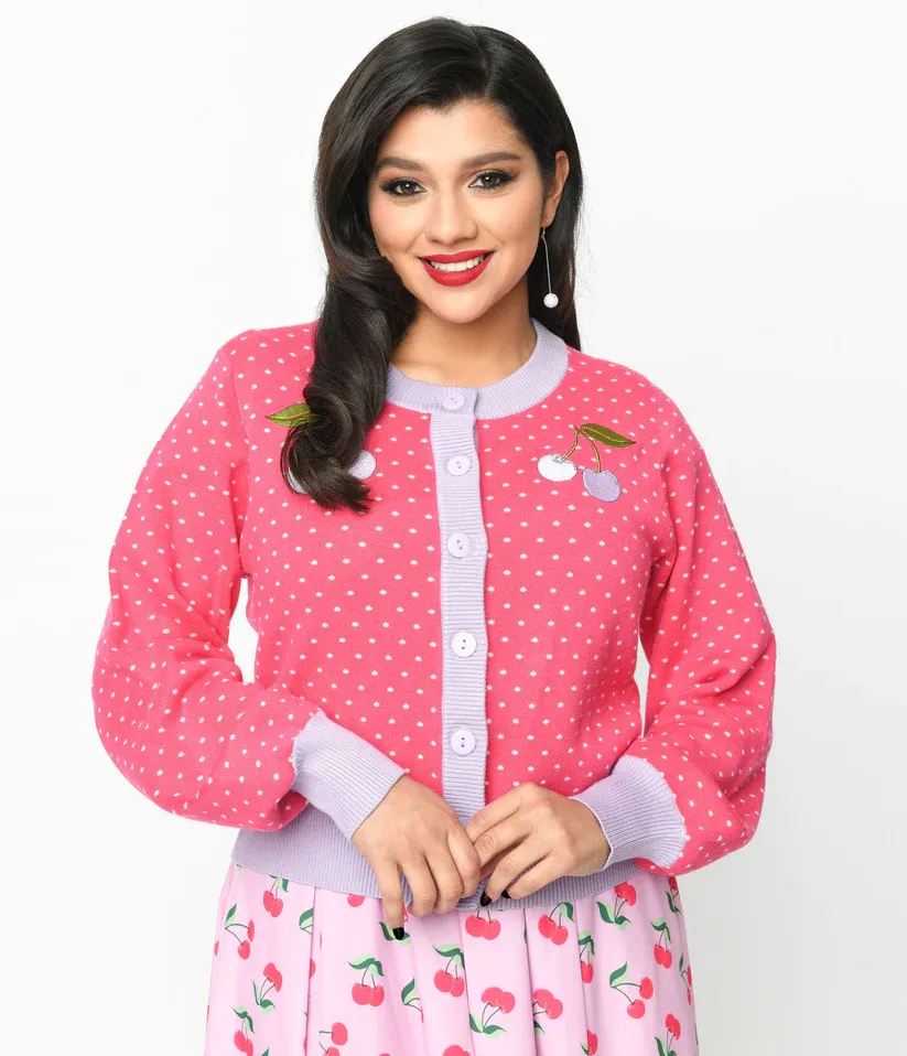 Unique-Vintage Hot Pink & Lavender Pin Dot Cherry Cropped Cardigan