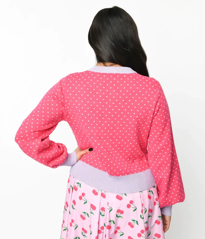 Unique-Vintage Hot Pink & Lavender Pin Dot Cherry Cropped Cardigan