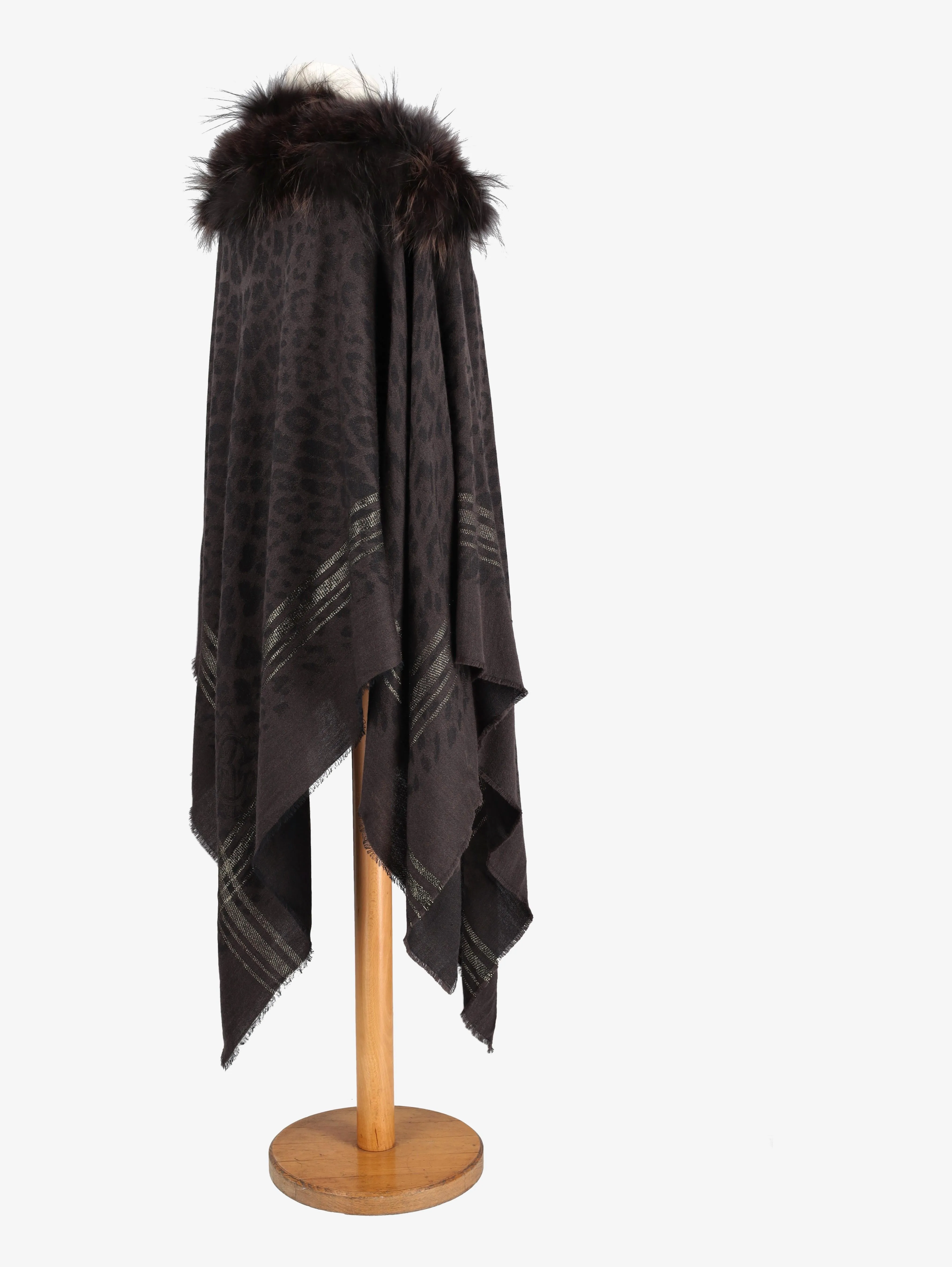 Vintage Wool Poncho With Fur Collar