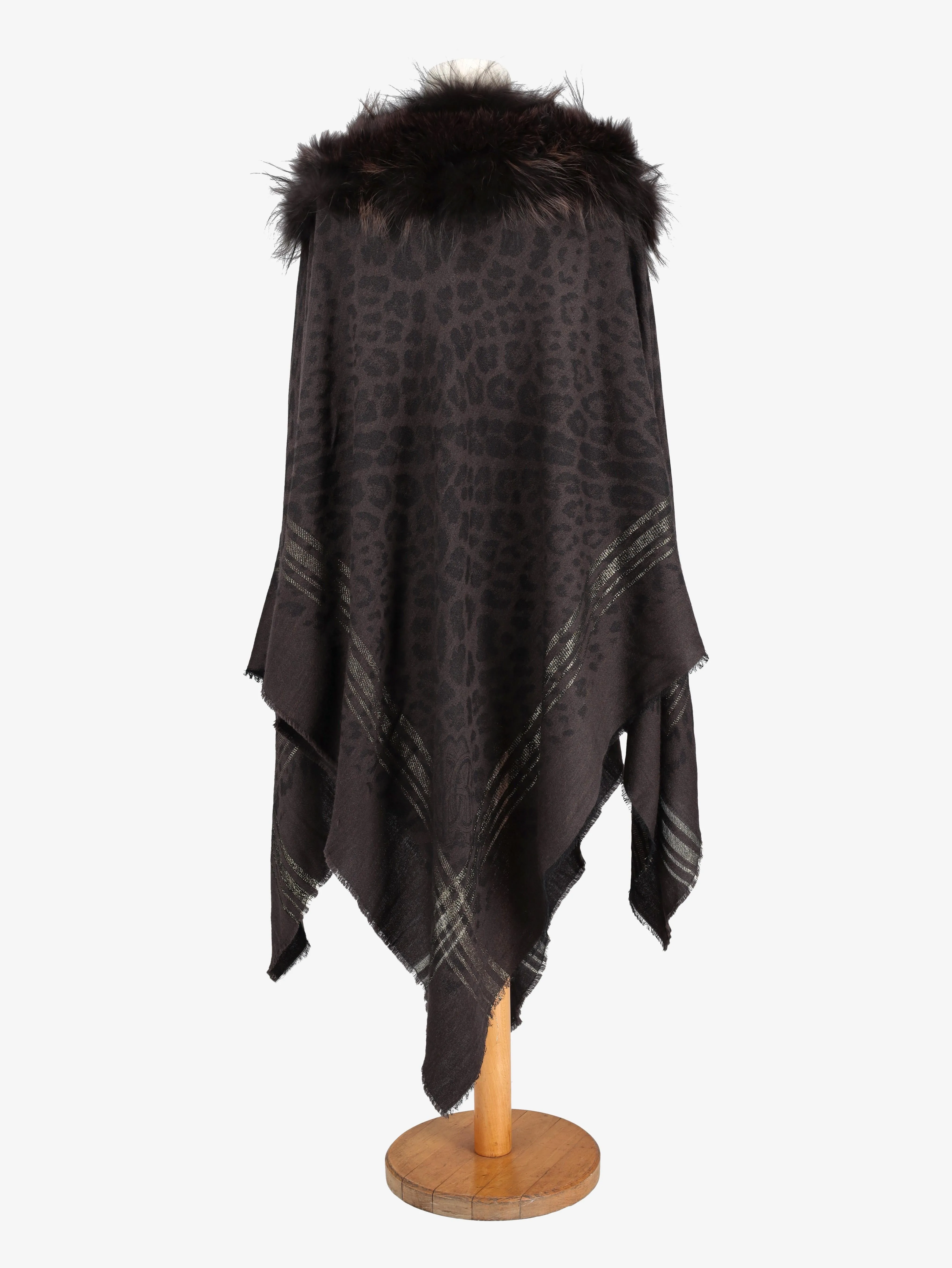 Vintage Wool Poncho With Fur Collar