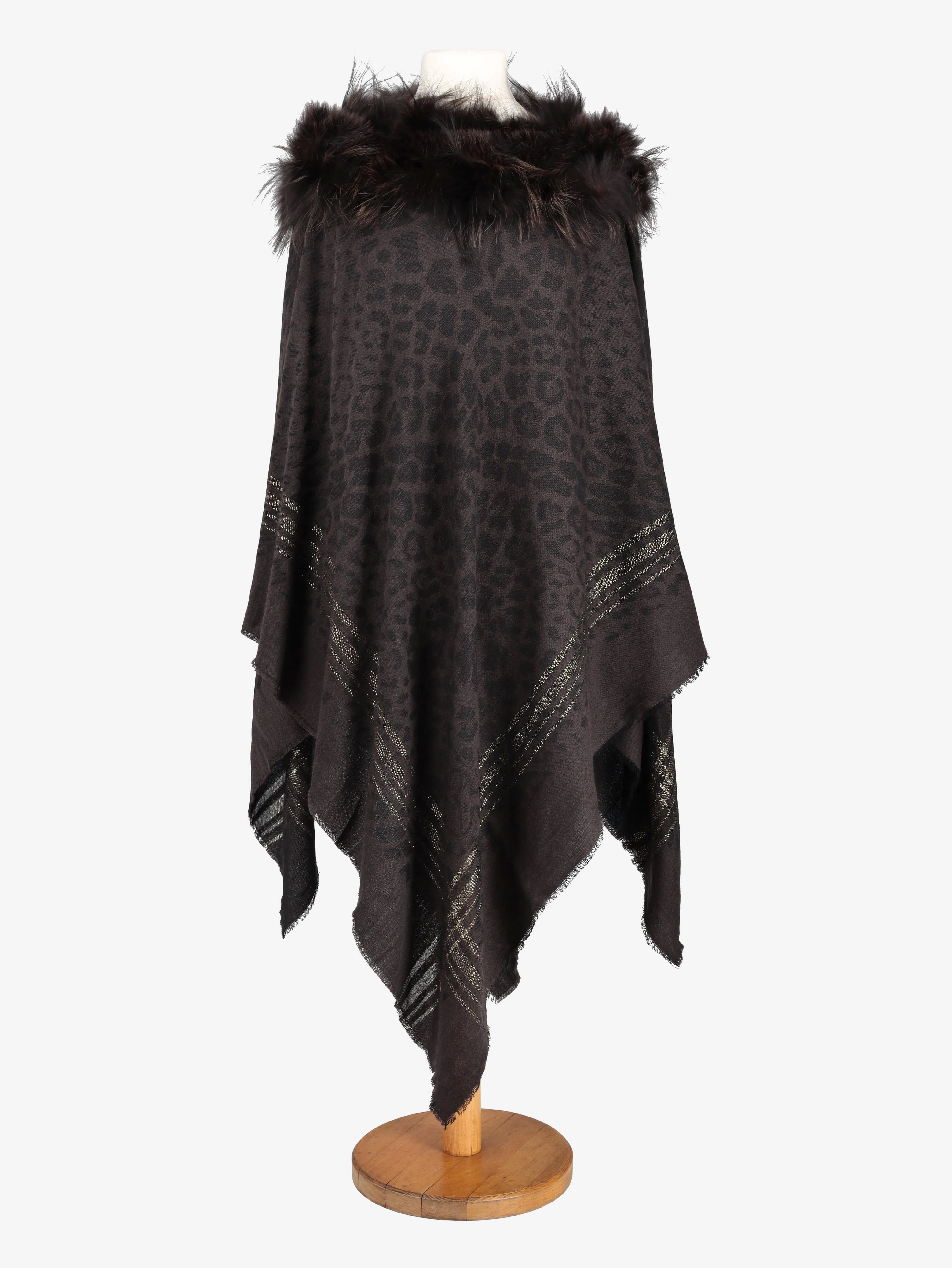 Vintage Wool Poncho With Fur Collar