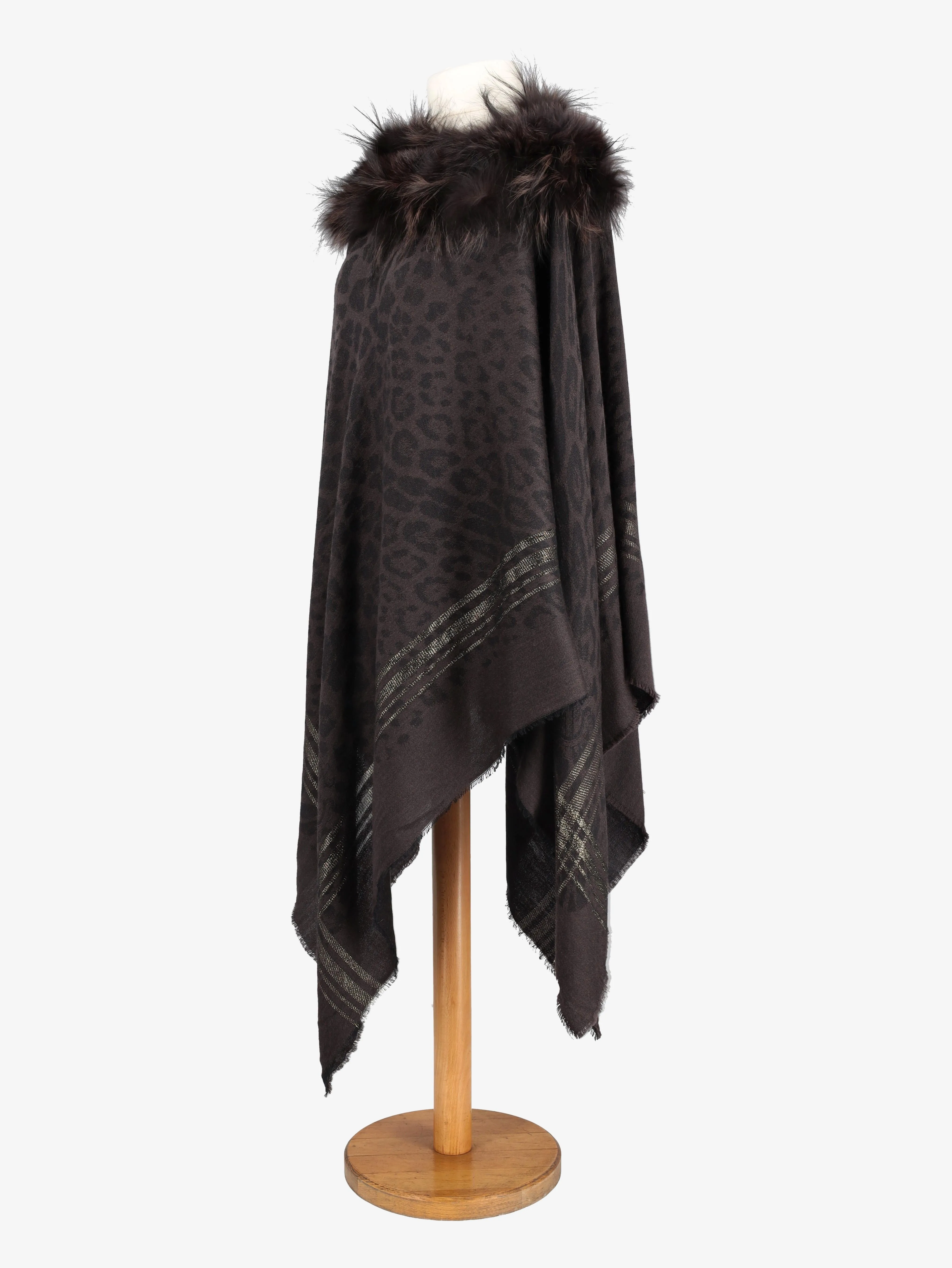 Vintage Wool Poncho With Fur Collar