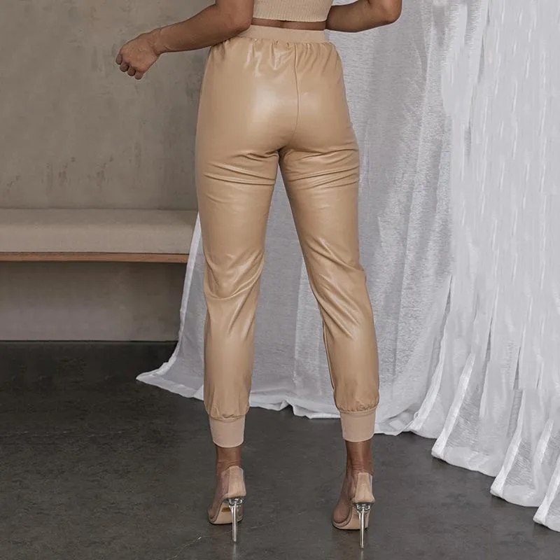 Women Fashion High Waist PU Leather Pants