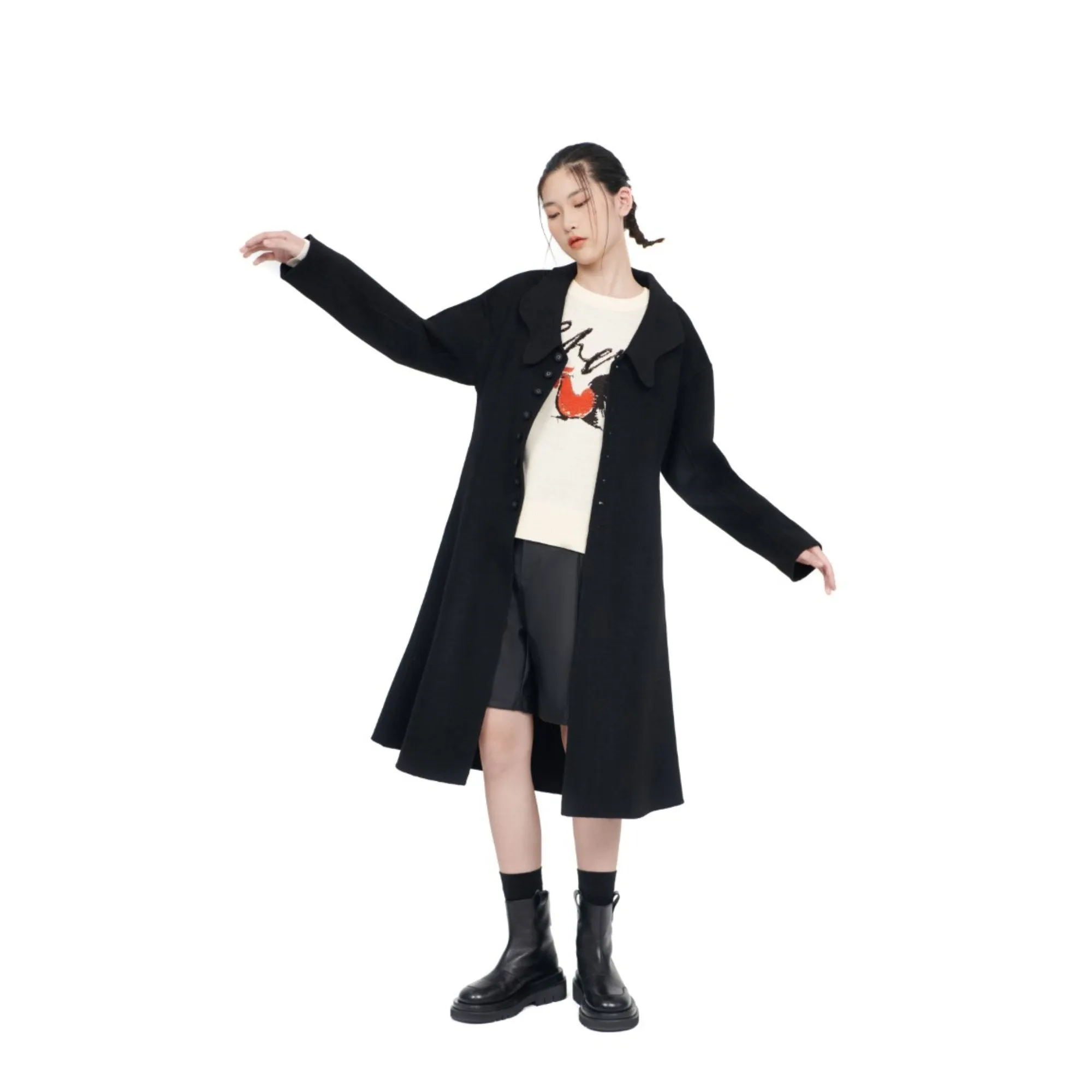 Women Notched Lapel Collar Coat - Black