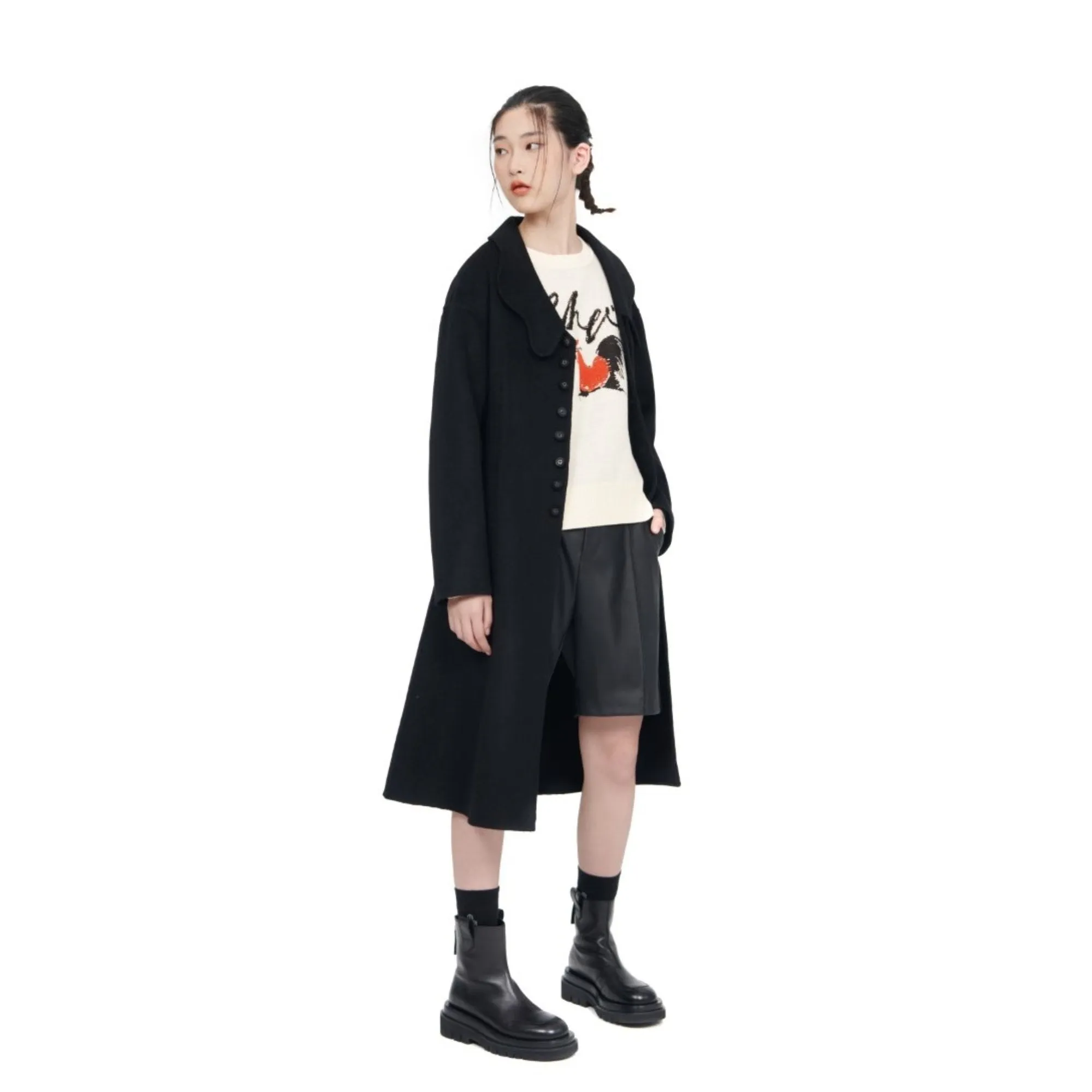 Women Notched Lapel Collar Coat - Black
