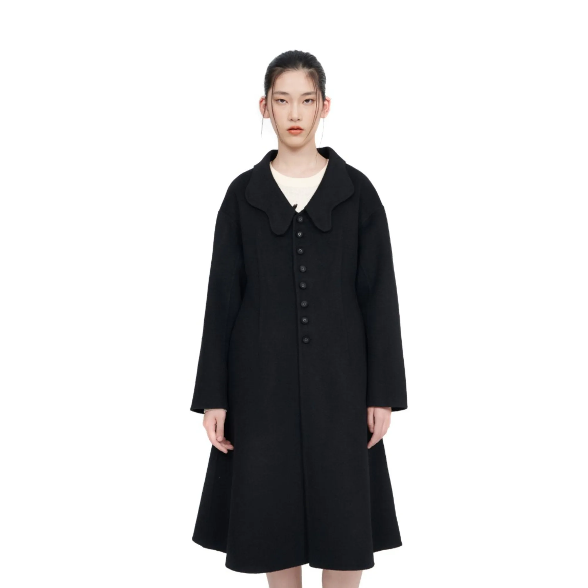 Women Notched Lapel Collar Coat - Black