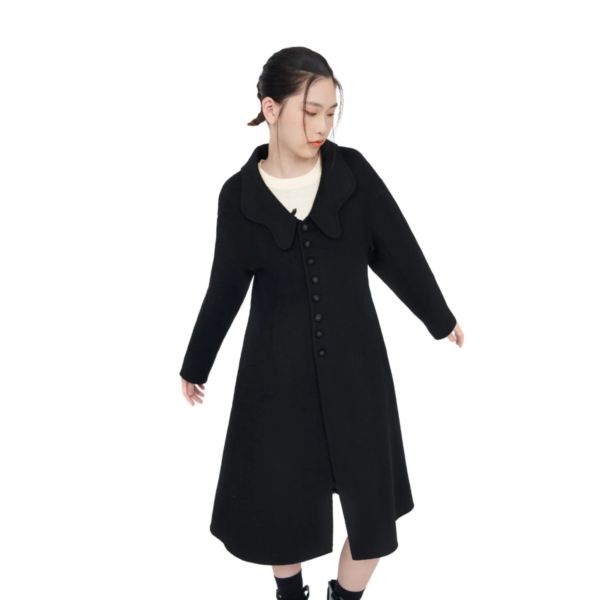 Women Notched Lapel Collar Coat - Black