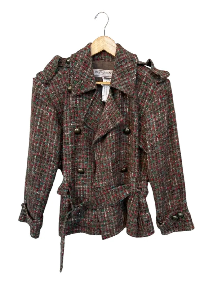 Yves Saint Laurent Size 38 Red & green Wool Tweed Belted Coat
